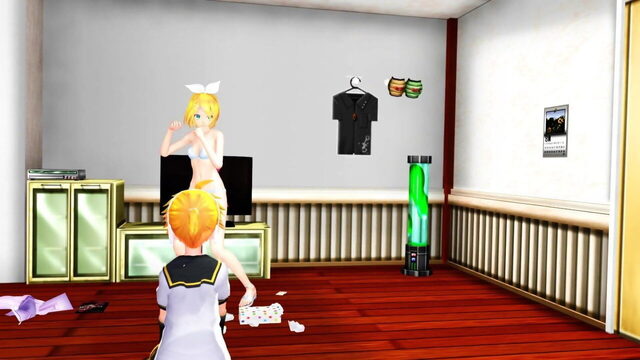 (MMD) Kagamine Rin strips butt-naked for her horny brother!